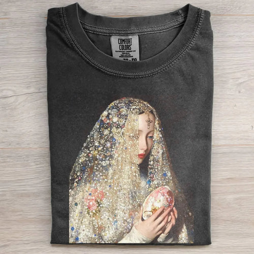 OIL PAINTING OF A WOMAN WITH A FLORAL VEIL TEE