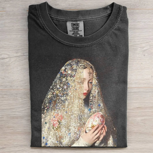 OIL PAINTING OF A WOMAN WITH A FLORAL VEIL TEE