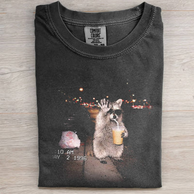 RACCOON DRINKING ICED COFFEE TEE
