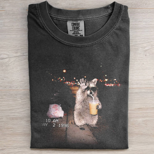 RACCOON DRINKING ICED COFFEE TEE