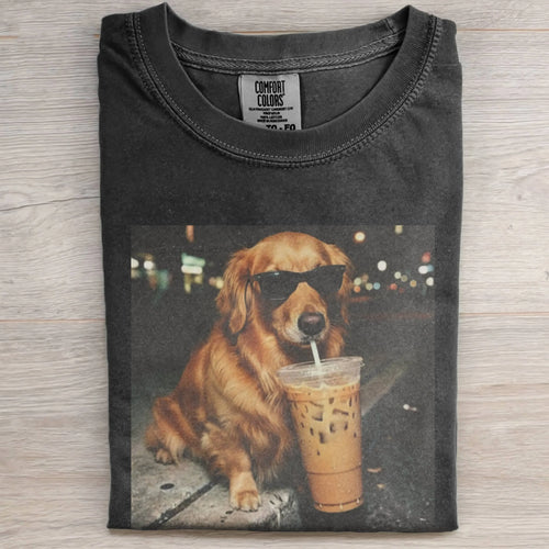 FUNNY GOLDEN RETRIEVER DRINKING ICED COFFEE TEE