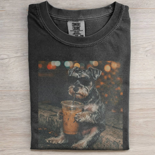 FUNNY MINIATURE SCHNAUZER DRINKING ICED COFFEE TEE