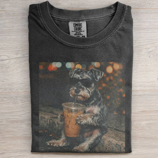 FUNNY MINIATURE SCHNAUZER DRINKING ICED COFFEE TEE