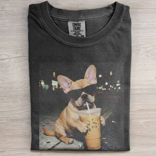 FUNNY FRENCH BULLDOG DRINKING ICED COFFEE TEE