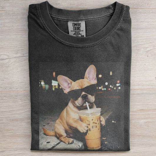 FUNNY FRENCH BULLDOG DRINKING ICED COFFEE TEE