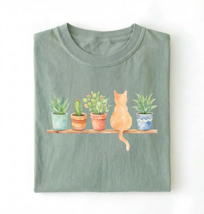 Watercolor Plants & Cat T-Shirt | Cat Lover Plant Gift