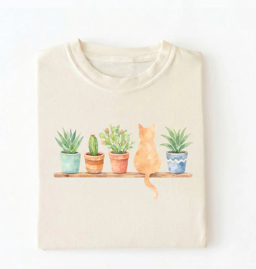 Watercolor Plants & Cat T-Shirt | Cat Lover Plant Gift