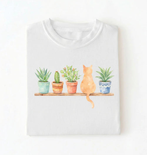Watercolor Plants & Cat T-Shirt | Cat Lover Plant Gift