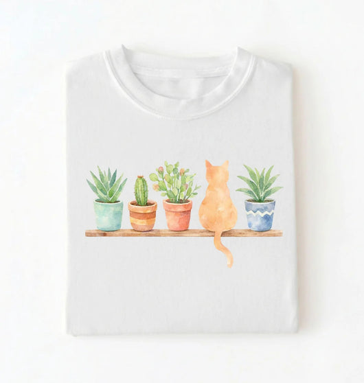Watercolor Plants & Cat T-Shirt | Cat Lover Plant Gift